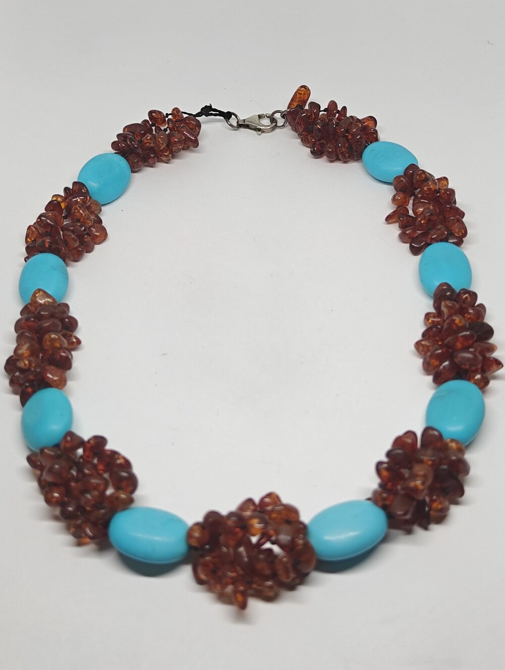 Vintage genuine amber chips beads clusters and turquoise Necklace